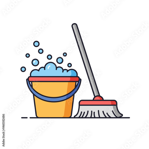 Cleaning Bucket with Bubbles and Mop – Household Chores, Cleaning Supplies Concept for Blog, Article, Home Maintenance Design 