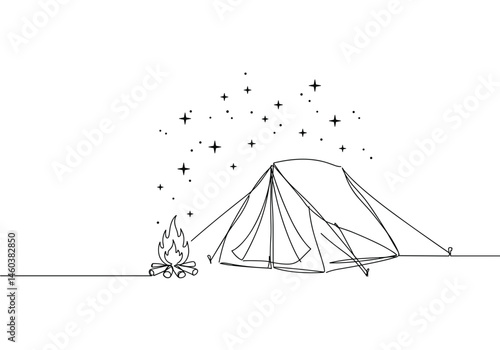 Minimalist Tent and Campfire under Starry Sky – Camping, Adventure, Wilderness Concept for Travel, Nature Blog Design