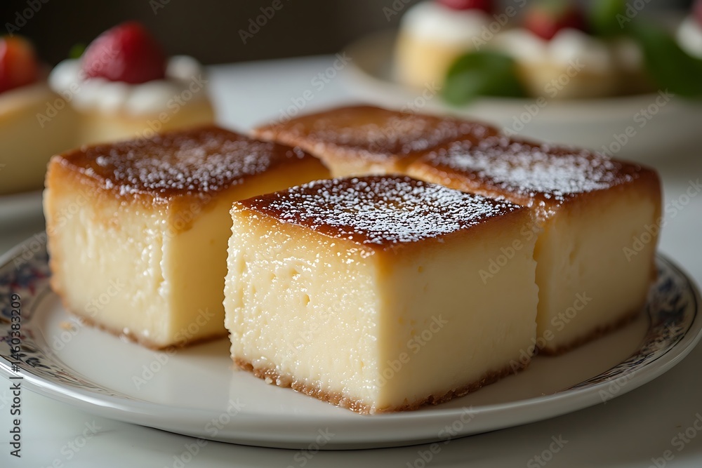 Delicious Square Custard Cakes with Powdered Sugar on White Plate Closeup View Delicious Square Custard Cakes with Powdered Sugar on White Plate Closeup View
