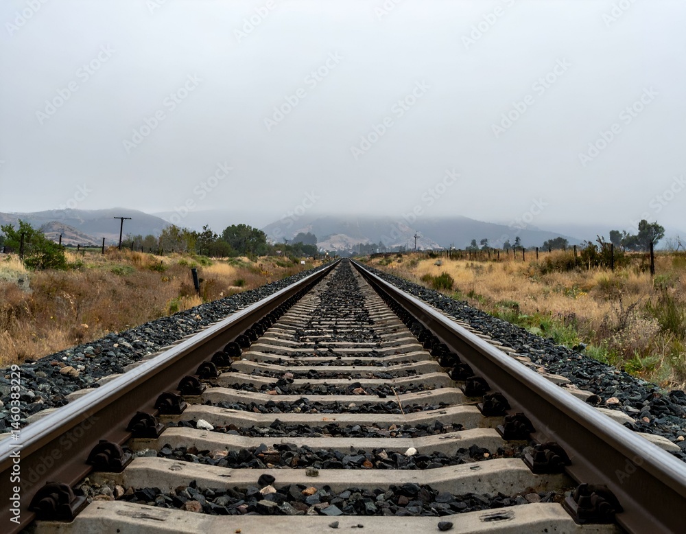 Obraz premium Railroad tracks stretching towards distant, fog-covered mountains. A scenic, atmospheric image of a railway line in a rural landscape.