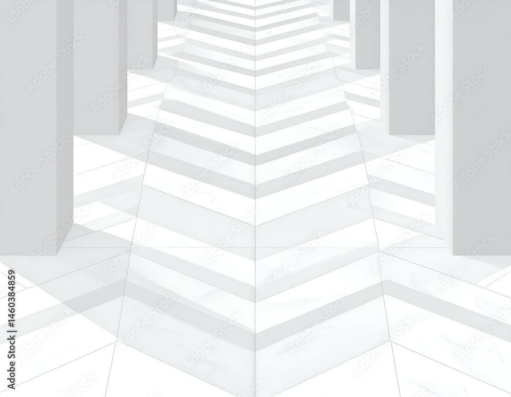Obraz premium Abstract white marble chevron floor design with columns. Perfect for modern architecture, interior design, and minimalist backgrounds.