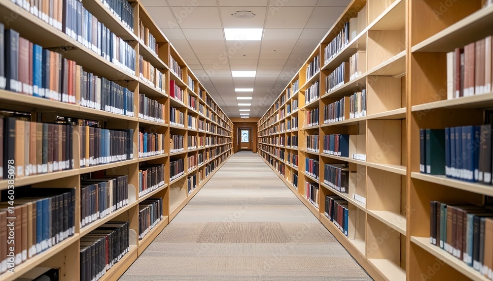 Long library aisle with bookshelves filled with books. Perfect for education, knowledge, learning concepts. Long library aisle with bookshelves filled with books. Perfect for education, knowledge, learning concepts.