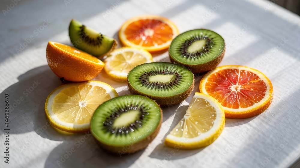 Colorful fruit slices on reflective silver surface including kiwi, orange Colorful fruit slices on reflective silver surface including kiwi, orange