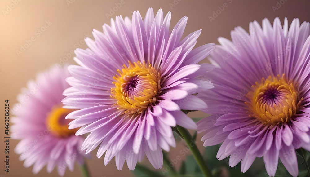 Obraz premium Close-up of purple or pink asters with yellow centers.