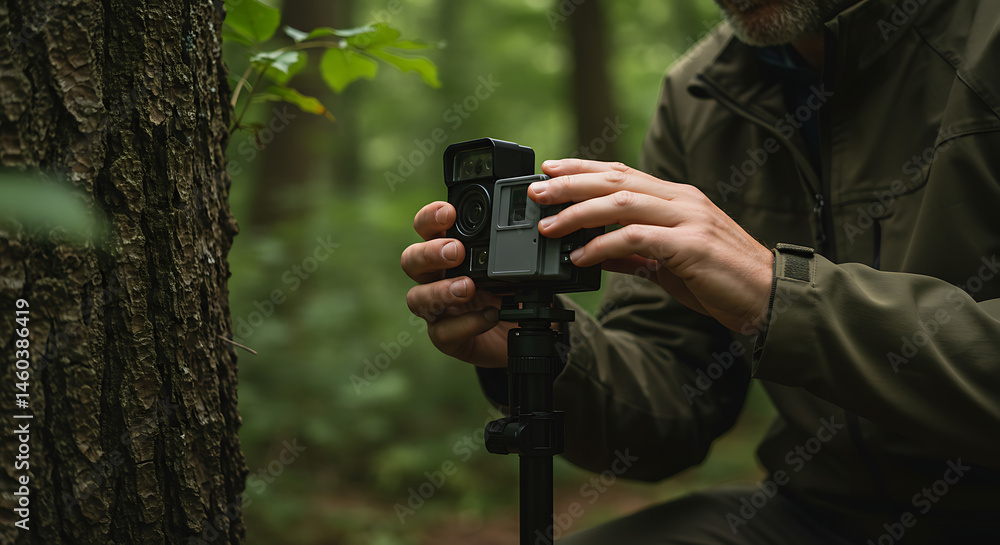 Nature Photographer Adjusting Camera Settings in Forest Nature Photographer Adjusting Camera Settings in Forest