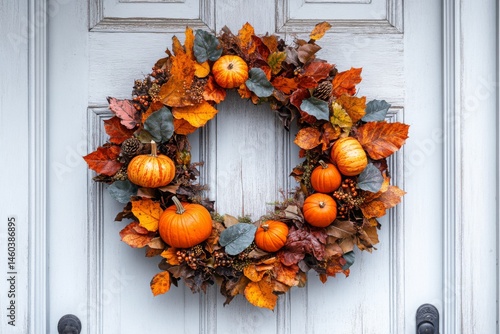 Seasonal autumn wreath with orange leaves and fruits on wooden door