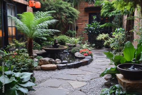 Outdoor courtyard with exotic plants and wooden furniture in peaceful setting