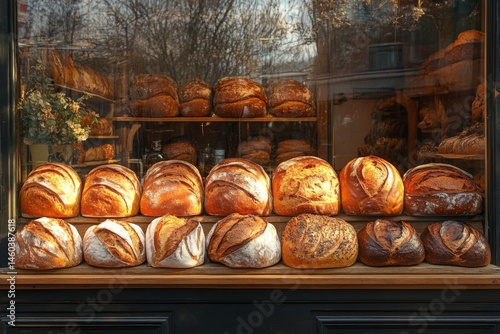 Display of various freshly baked bread and pastries in bakery window