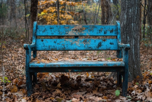 Blue wooden bench in autumn forest with fallen leaves on the ground