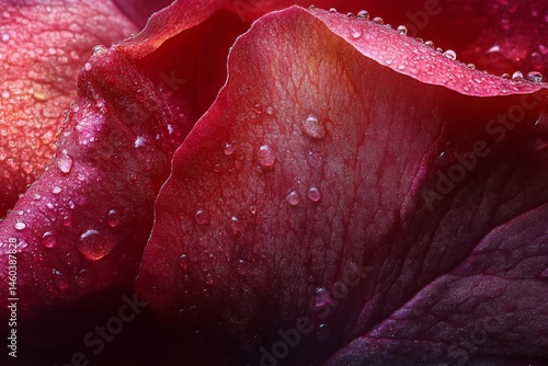 Extreme macro of red rose petal covered in water drops