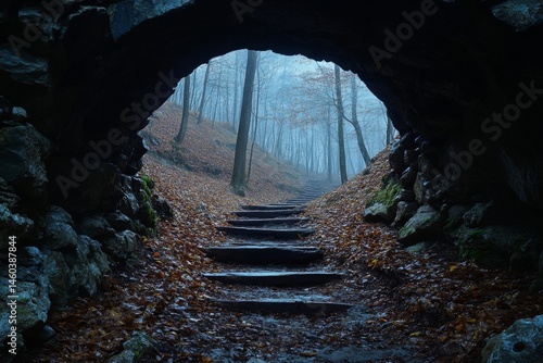 Dark stone tunnel with natural light shining from the exit