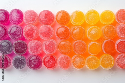 Arrangement of colorful round candies in soft lighting on white background