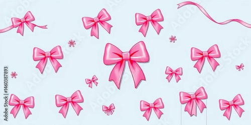 Pink ribbon bows, simple set, gift wrapping, holiday decorations, vector line art,  set,   kawaii