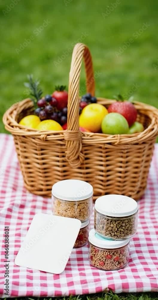 A delightful picnic setup showcases a basket overflowing with fruits, and delicious snacks on a blanket. A delightful picnic setup showcases a basket overflowing with fruits, and delicious snacks on a blanket.