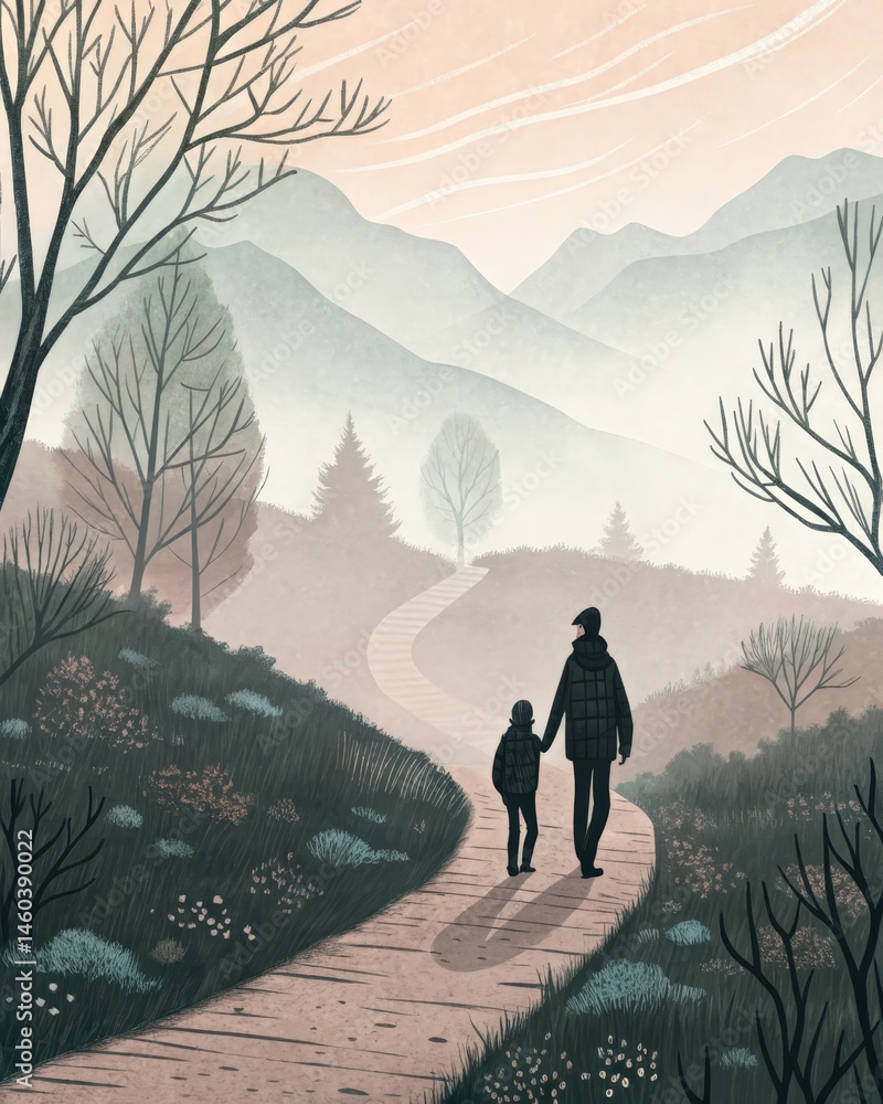 A hiking path through a scenic landscape where a person walks hand in hand with their younger self symbolizing the journey of selfdiscovery and acceptance.