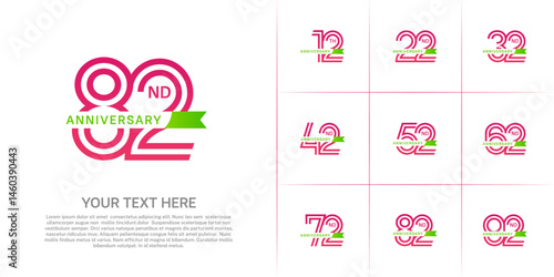 Anniversary logo type set with double line number. purple color with small green ribbon for celebration event