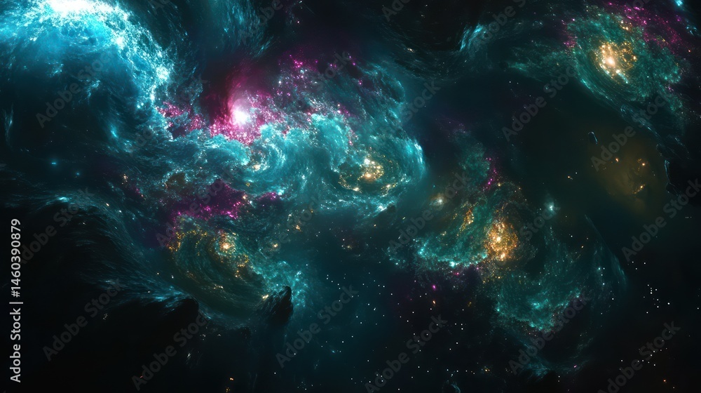 Fototapeta premium Deep space nebula swirling with vibrant colors. Cosmic clouds of gas and dust, star formations, and nebular emissions paint a breathtaking view of the universe
