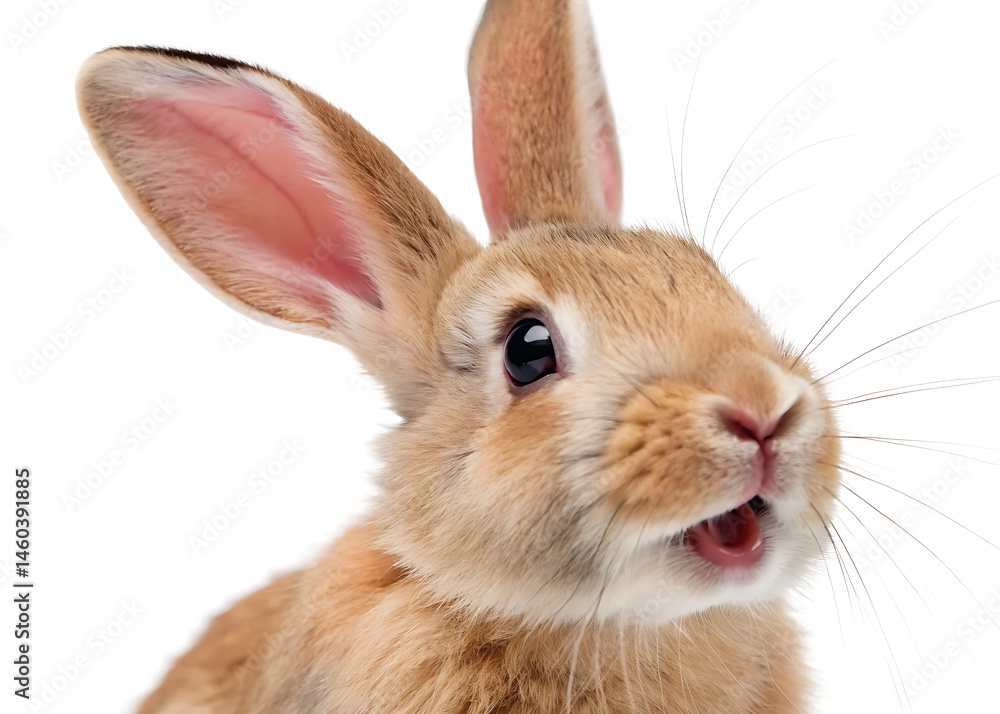 Obraz premium Close up portrait of a light brown rabbit with large ears against a white background looking up