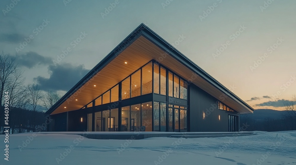 Fototapeta premium Building with a striking flat-angled roofline, aluminum siding, and prominent front windows, exuding a minimalist yet sophisticated look. 