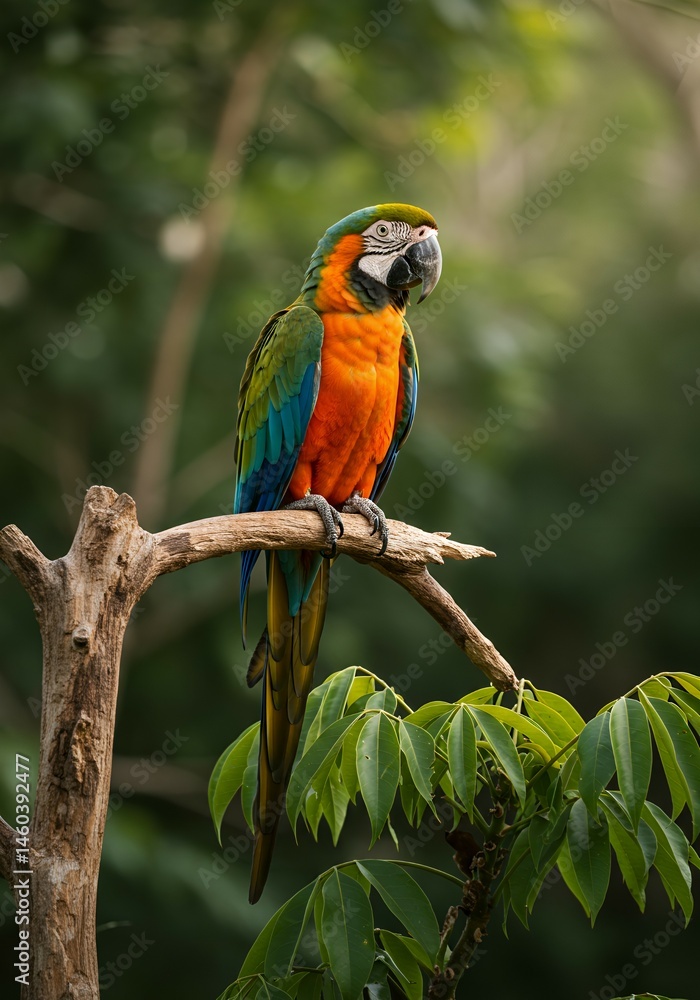 Obraz premium Colorful Macaw Parrot Perched on Tree Branch in Lush Tropical Forest