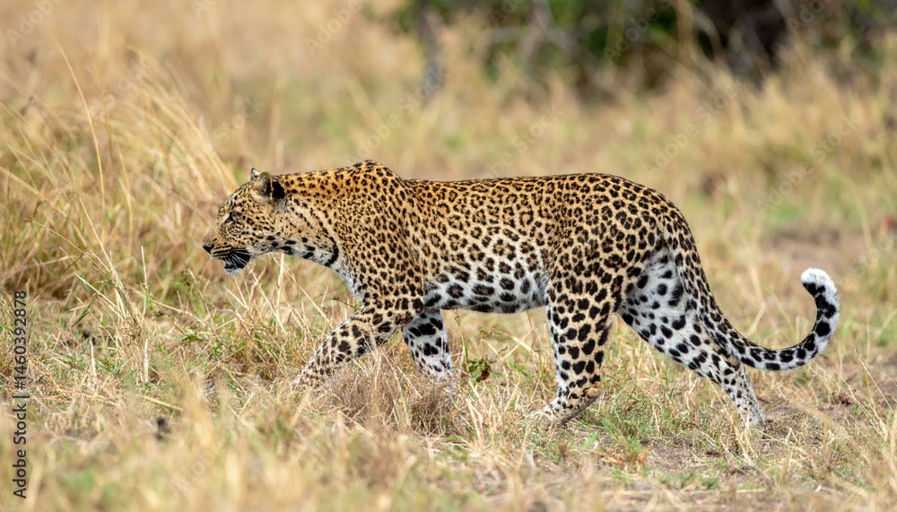 Obraz premium A majestic leopard gracefully walks through tall savanna grass. Its spotted coat blends seamlessly with the landscape.