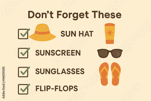 Beach Essentials Checklist with Summer Items in Icon Style  