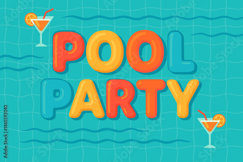 Colorful Summer Pool Party Lettering Against Aqua Background  