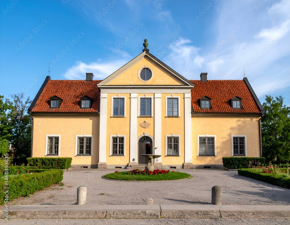Picturesque yellow manor house with red tile roof, symmetrical facade, and manicured gardens under a vibrant blue sky. Picturesque yellow manor house with red tile roof, symmetrical facade, and manicured gardens under a vibrant blue sky.