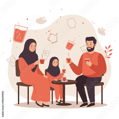 Muslim family enjoying tea time together with mother father and daughter in casual clothing vector illustration 