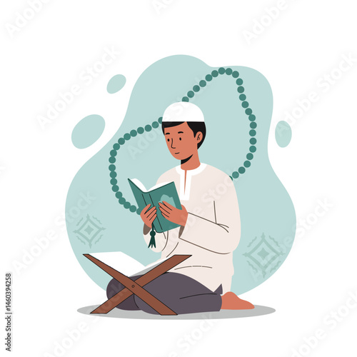 Muslim boy reading Quran with prayer beads and prayer rug in peaceful religious moment vector illustration 