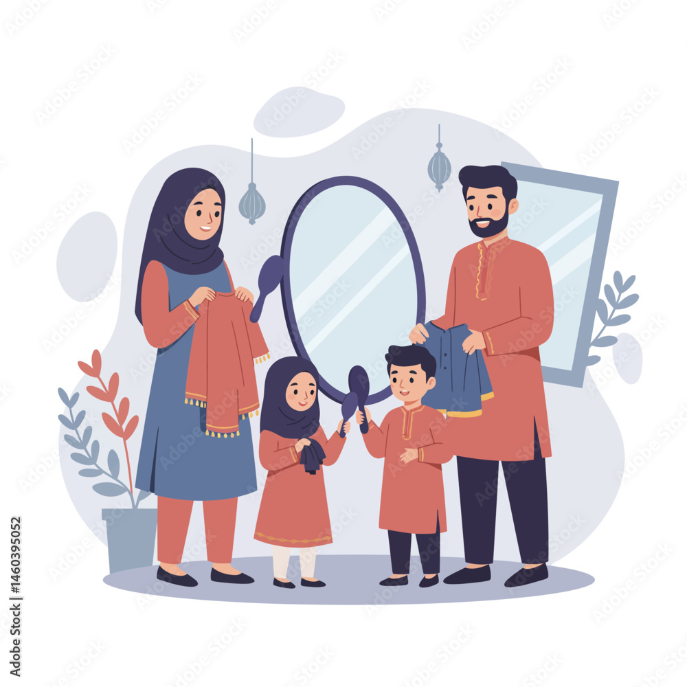 Family preparing clothes together in front of mirror wearing traditional outfits vector illustration Family preparing clothes together in front of mirror wearing traditional outfits vector illustration