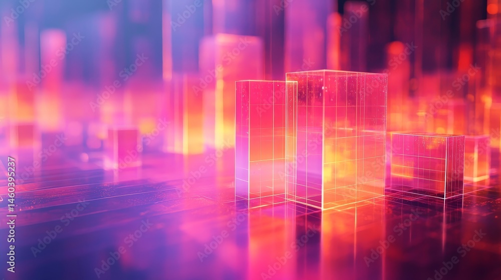 Fototapeta premium Abstract cityscape of glowing translucent structures.