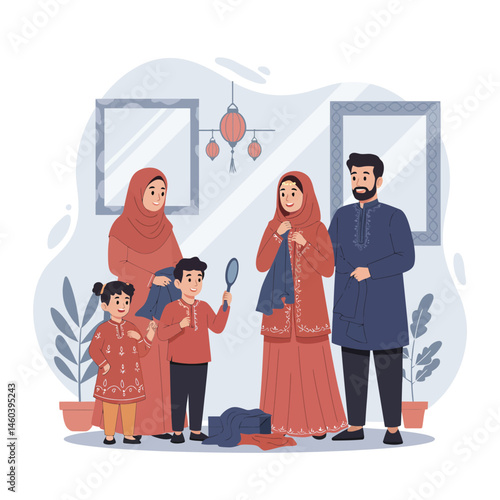 Muslim family preparing for festive celebration in traditional clothing indoor scene with lanterns and mirrors 