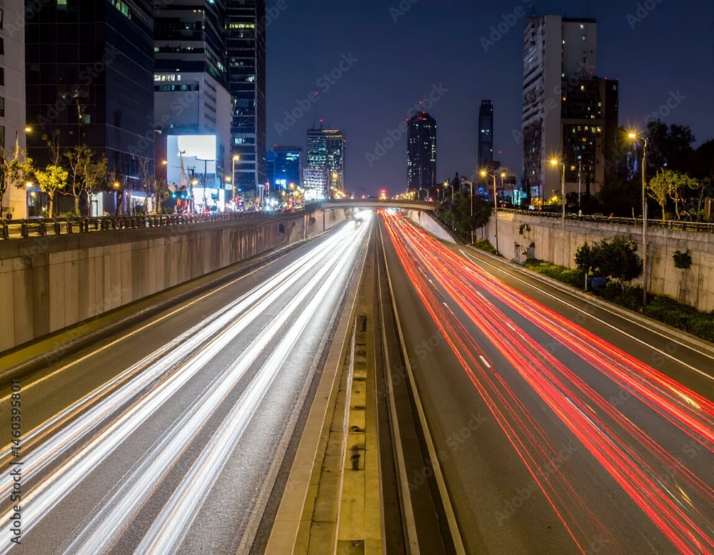 Obraz premium Night city highway traffic light trails. Urban cityscape at night with speeding cars creating vibrant light streaks.