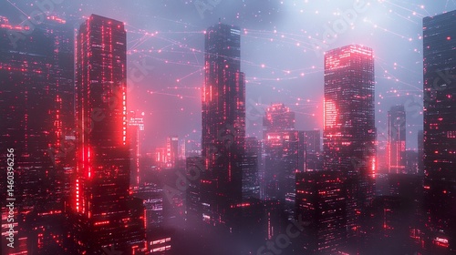 Wallpaper Mural Contemporary skyscrapers in the financial district, neural network connections weaving through the skyline, emphasizing innovation and technology.   Torontodigital.ca