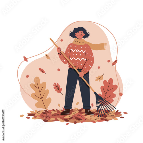 Woman raking autumn leaves outdoors in cozy sweater and scarf vector illustration 