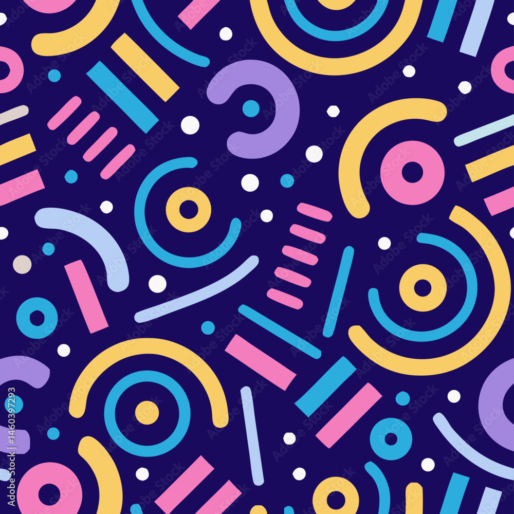 Abstract Geometric Seamless Pattern: Colorful Circles, Lines & Dots Abstract Geometric Seamless Pattern: Colorful Circles, Lines & Dots