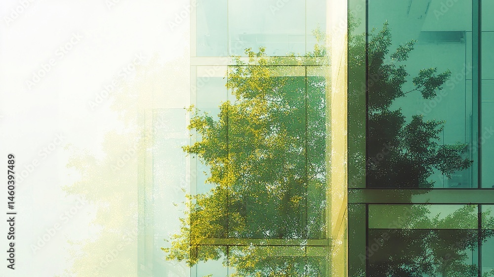 Naklejka premium Double exposure featuring a minimalist building and green foliage, blending urban sophistication with environmental consciousness. 