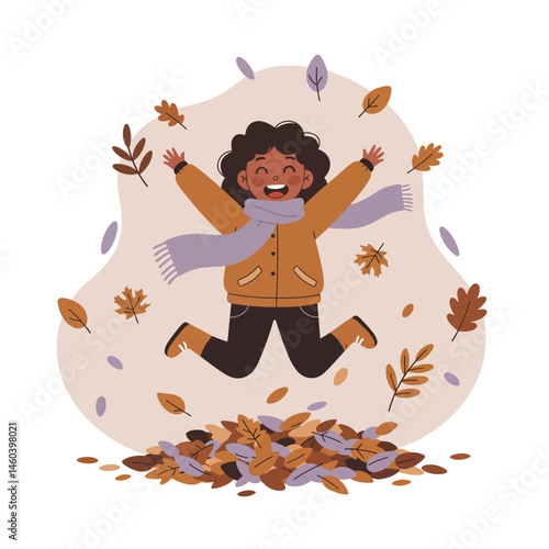 Child jumping in pile of autumn leaves with scarf and jacket joyful outdoor activity vector illustration 