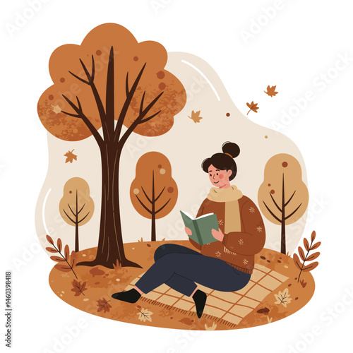 Woman reading book outdoors in autumn forest with brown trees and falling leaves vector illustration 