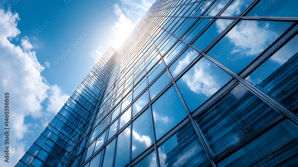Obraz premium Modern office building or business center, high, rise window buildings made of glass reflect the clouds and the sunlight, empty street outside wall modernity civilization, growing up business