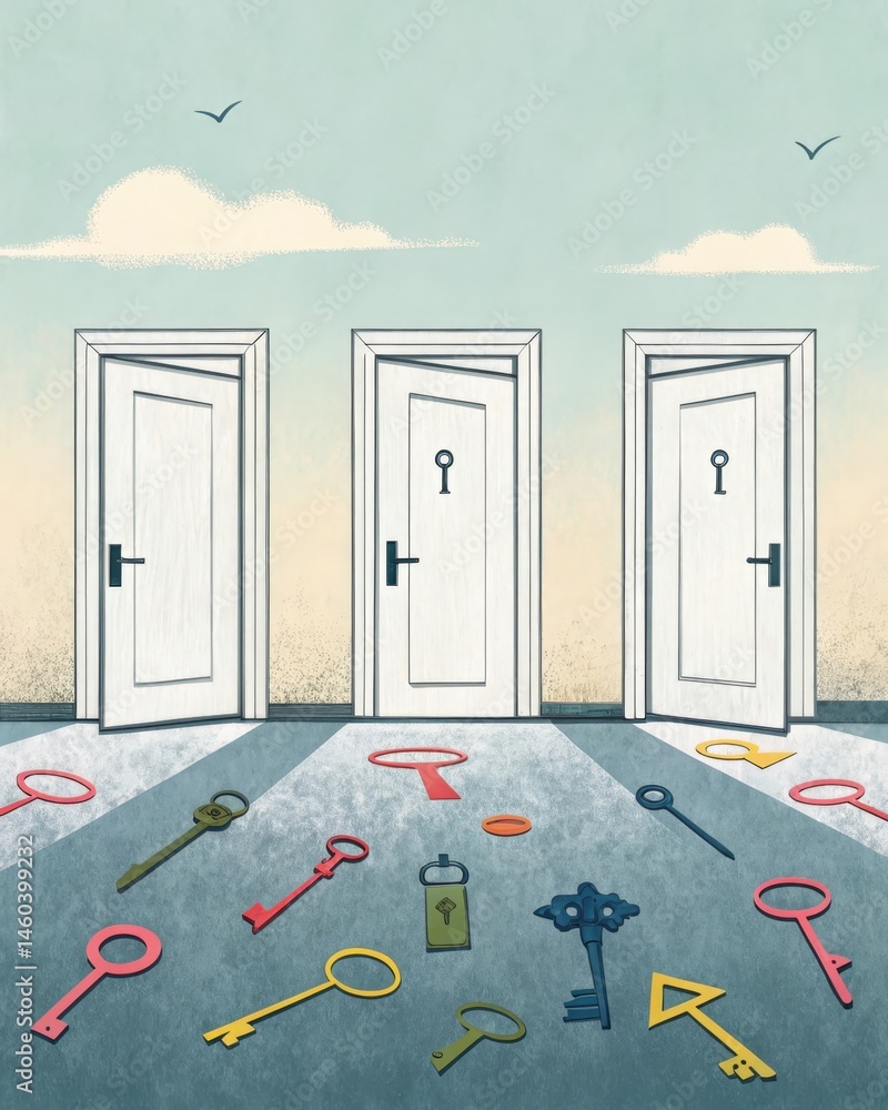 A series of locked doors with keys tered around reflecting the challenge of accessing and understanding ones own emotions and thoughts.