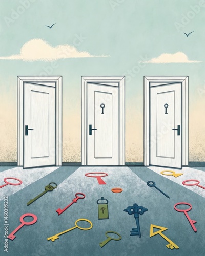 Obraz na płótnie A series of locked doors with keys tered around reflecting the challenge of accessing and understanding ones own emotions and thoughts. w salonie