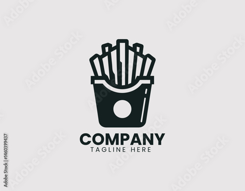Vector logo of French fries in striped container. Flat colorful cartoon design for food branding.