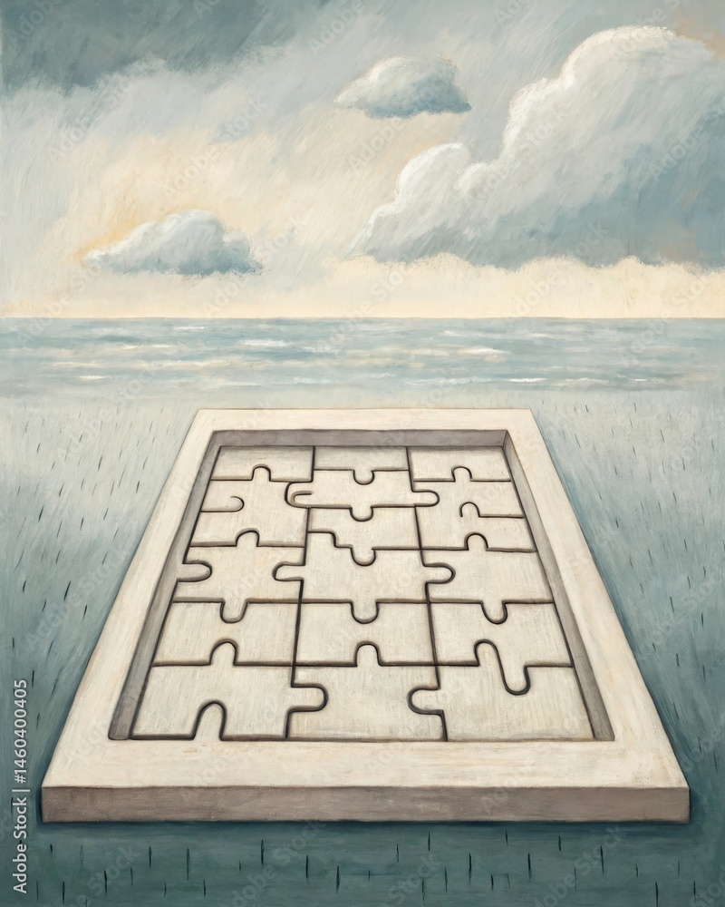 A halfcompleted puzzle resembling a maze where missing pieces symbolize parts of the self that are unclear or unresolved in the decisionmaking process.