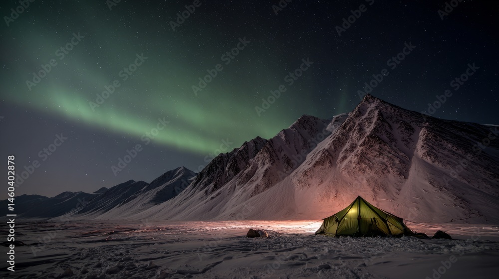 Fototapeta premium A glowing tent beneath the northern lights in a tranquil mountain setting, capturing nature's serene beauty under the night sky. 