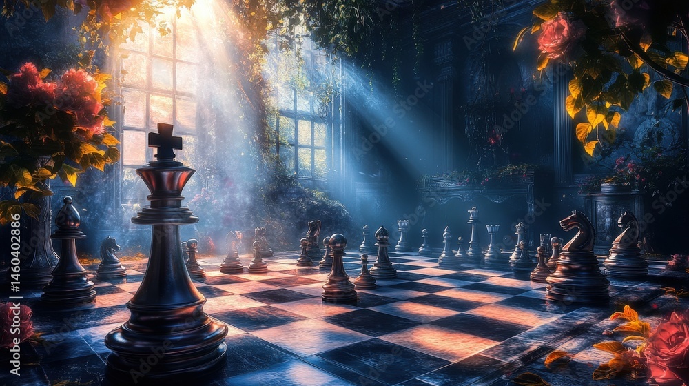 Fototapeta premium A chessboard's dramatic display in a sunlit ruin.