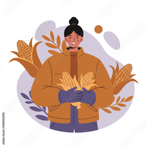 Woman holding corn cobs in autumn harvest season with brown jacket and gloves vector illustration 