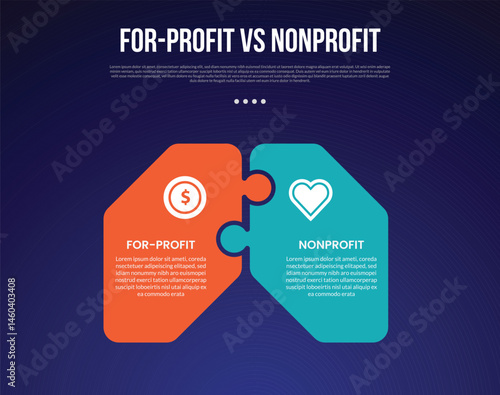 for profit vs nonprofit infographic for comparison data with round puzzle box connection with modern dark gradient style background with 2 point information