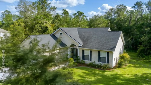 Single Story House with Beige Siding and Gray Roof Surrounded by Green Trees Under a Bright Blue Sky on a Sunny Day